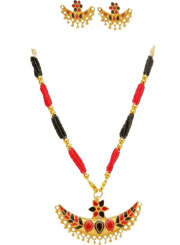 Assamese_Traditional_Gold_Plated_Red_Black_Colour_Joonbiri_Tassel_Jewellery_Set_For_Women
